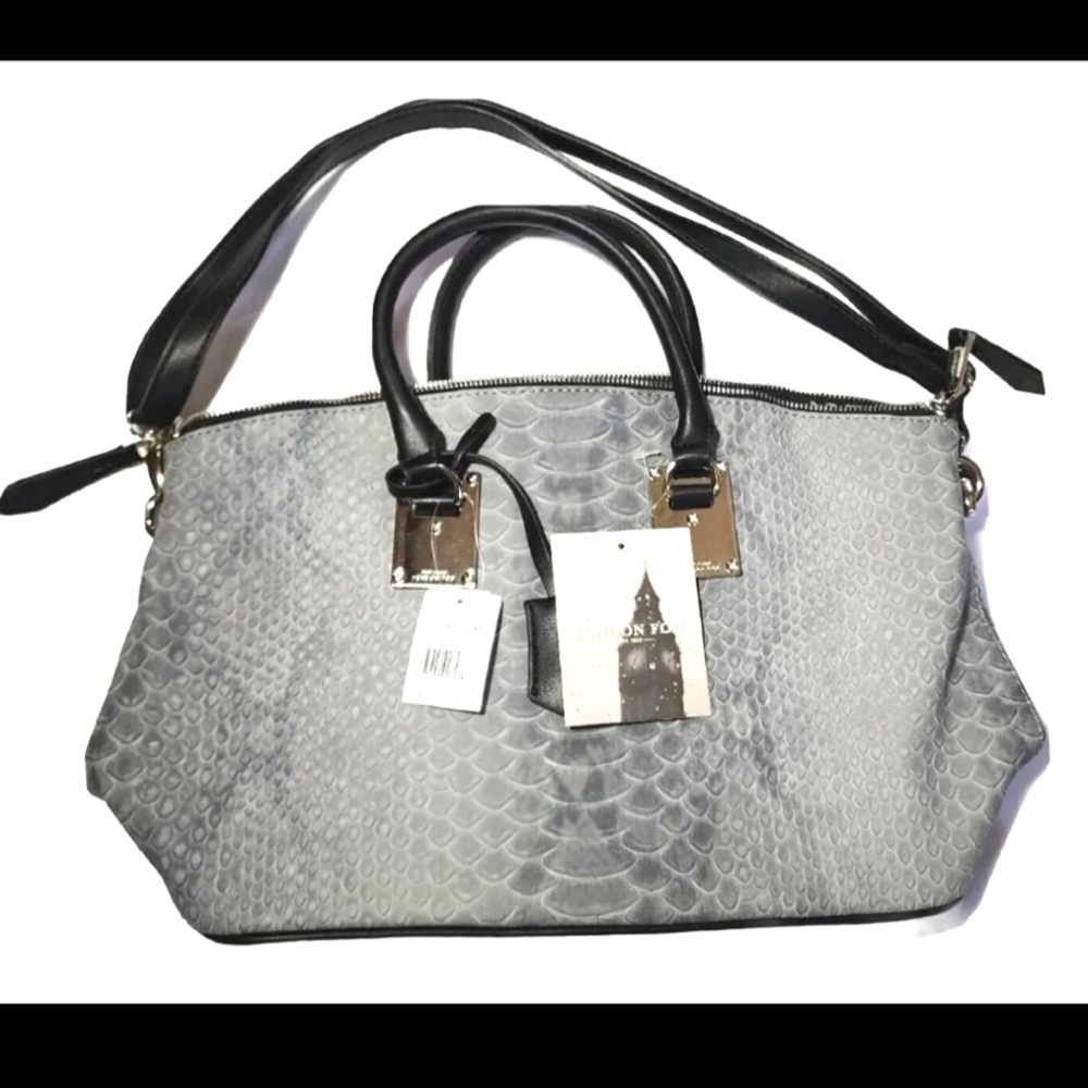 LONDON FOG Purse Bag Satchel Stone Snake Gray Large w Shoulder Strap Stud Bottom